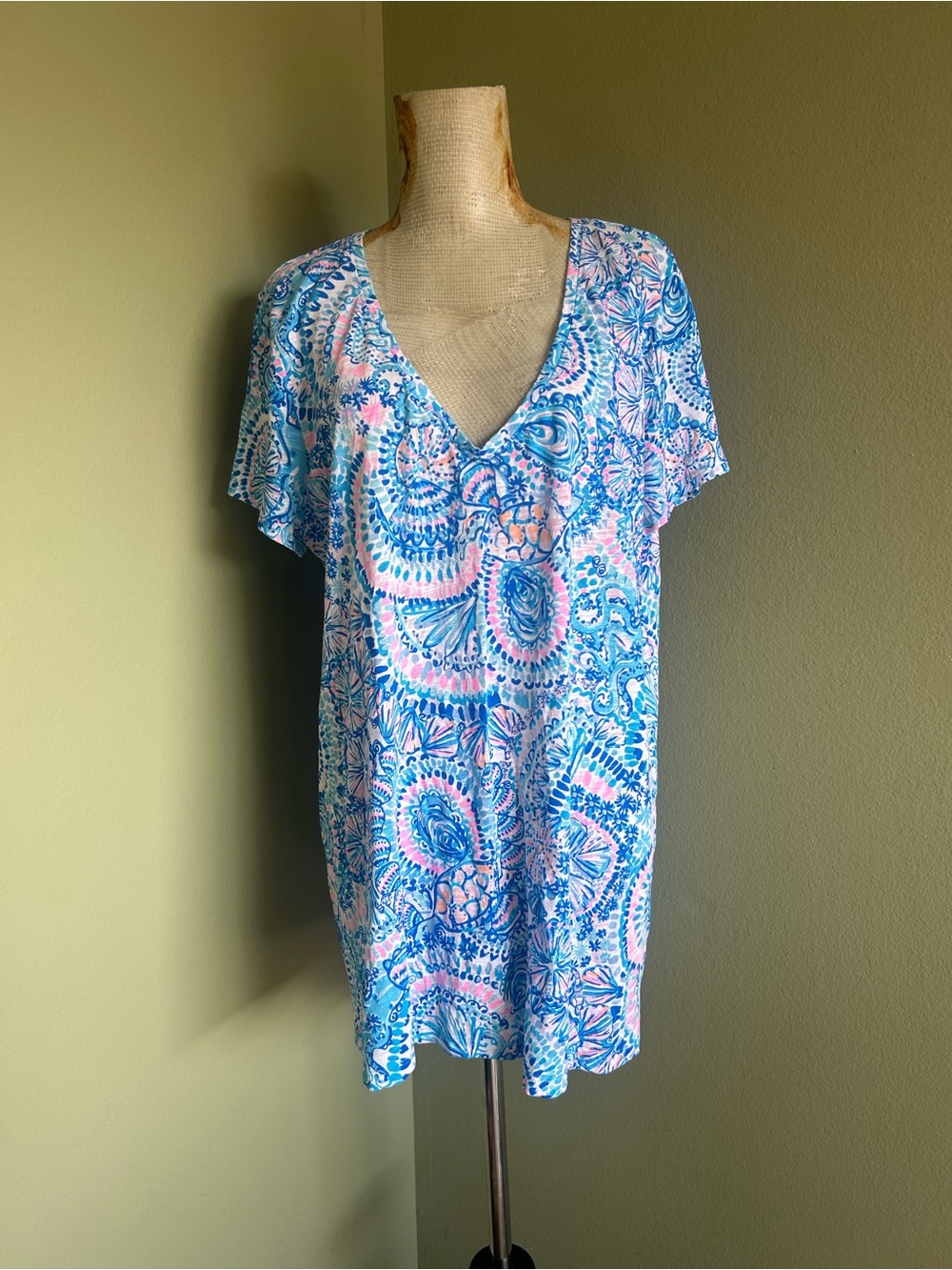 Lilly Pulitzer Etta Blue & Pink V-neck Cap Sleeve Top Sz XL